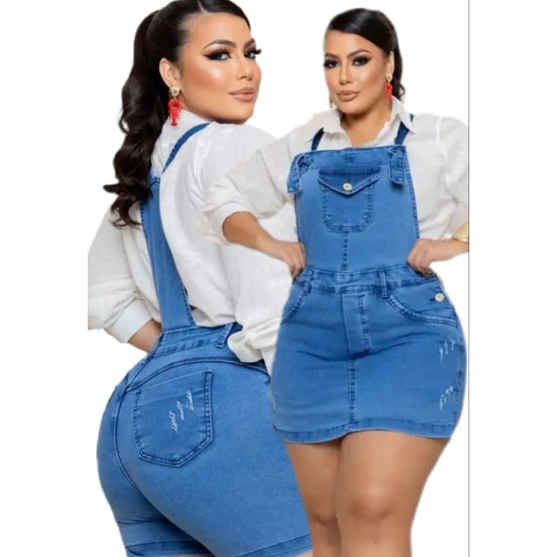 Macacão Curto Plus Size Jardineira Short Saia Plus Size Moda Verão