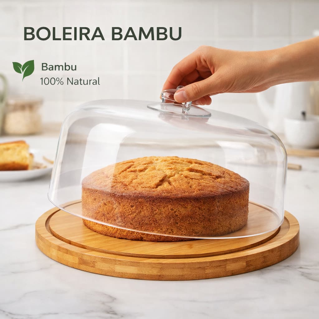 Boleira Bambu Com Tampa Em Acrílico  Base em Bambu Redonda