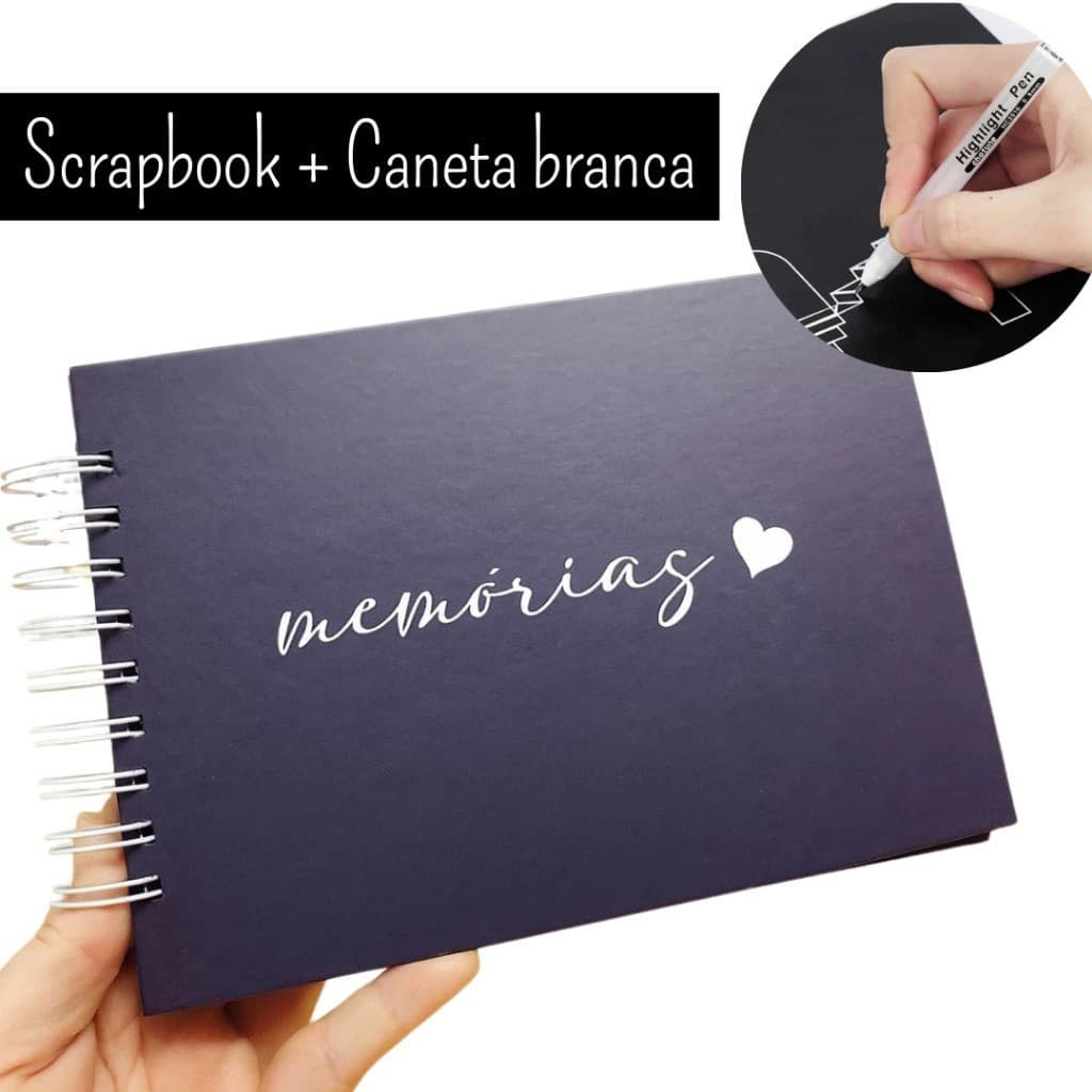Caderno Scrapbook A5 Preto 180g com Caneta Branca | Álbum DIY, Presente Criativo, lettering