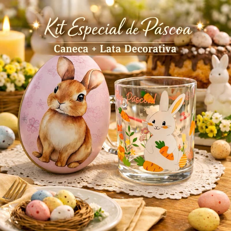 Kit Caneca e Lata de Pascoa Presente Jogo de Chá Café Estampas Variadas Latinha bolacha