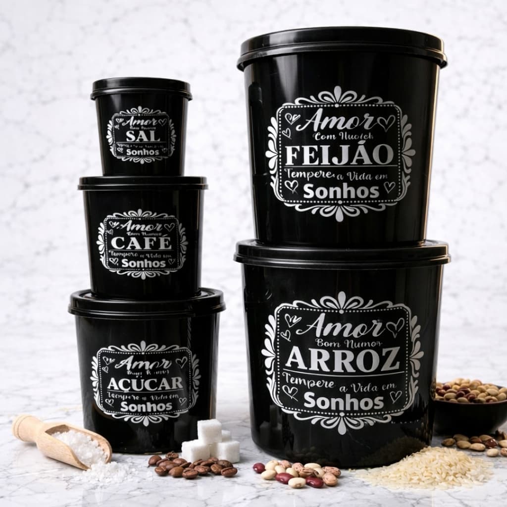 Kit Mantimentos Jogo 5 peças  Redondo de plástico  Armazenamento de alimentos