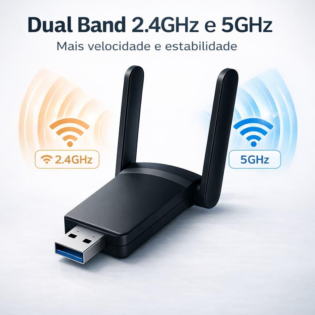 Adaptador Wi-fi 2 Antenas Dual Band 2-4G e 5G USB 3.0 5Ghz 1300Mbps Bluetooth