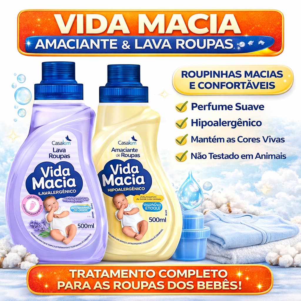 Lava Roupa liquido e Amaciante de Roupa Vida Macia 500ml
