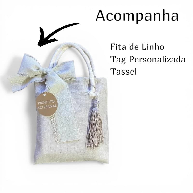 Kit 5 Sacolas de Linho com Laço e tag Personalizada para Casamentos Eventos ou Brindes Corporativos