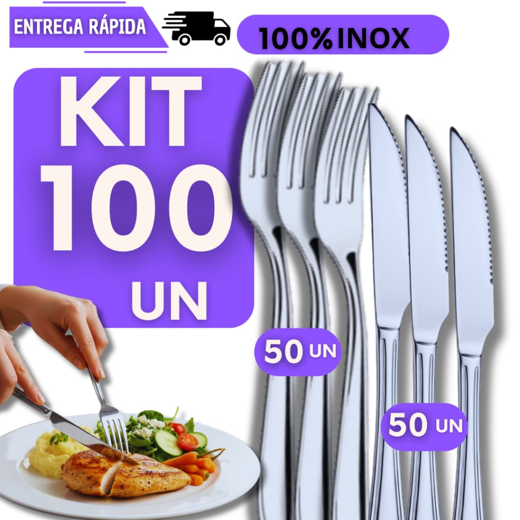 KIT 100 Garfo e Faca Inox 50 Facas 50 Garfos Restaurantes Buffet Cozinha Talheres