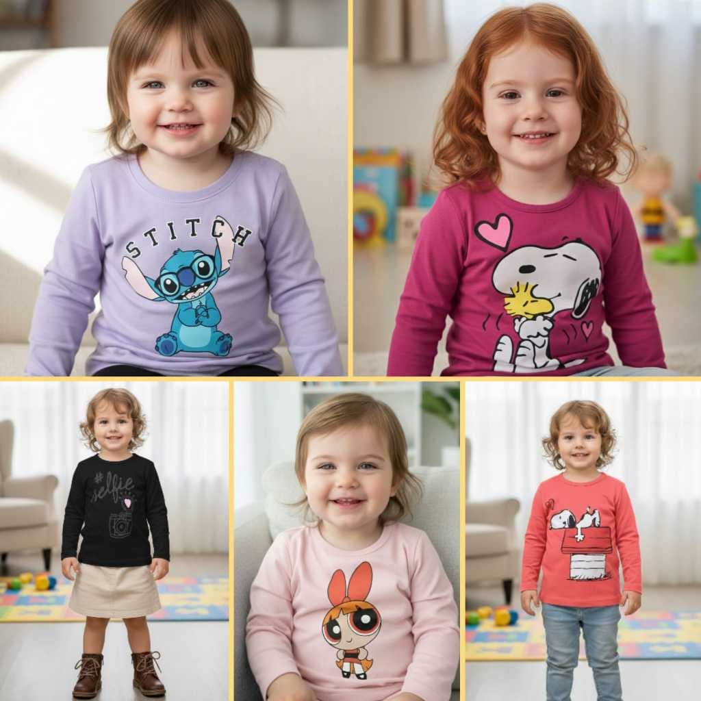 Kit 5 Camiseta Infantil Menina Manga Longa Inverno Cores e Estampas Sortidas 01 ao 03 100% Algodão