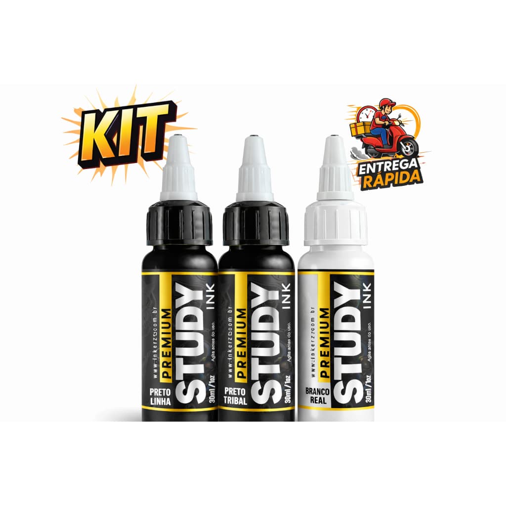 kit 3 Tintas tatuagem study ink aprendiz iniciante pele artificial preto tribal preto linha branco real tattoo 30ml