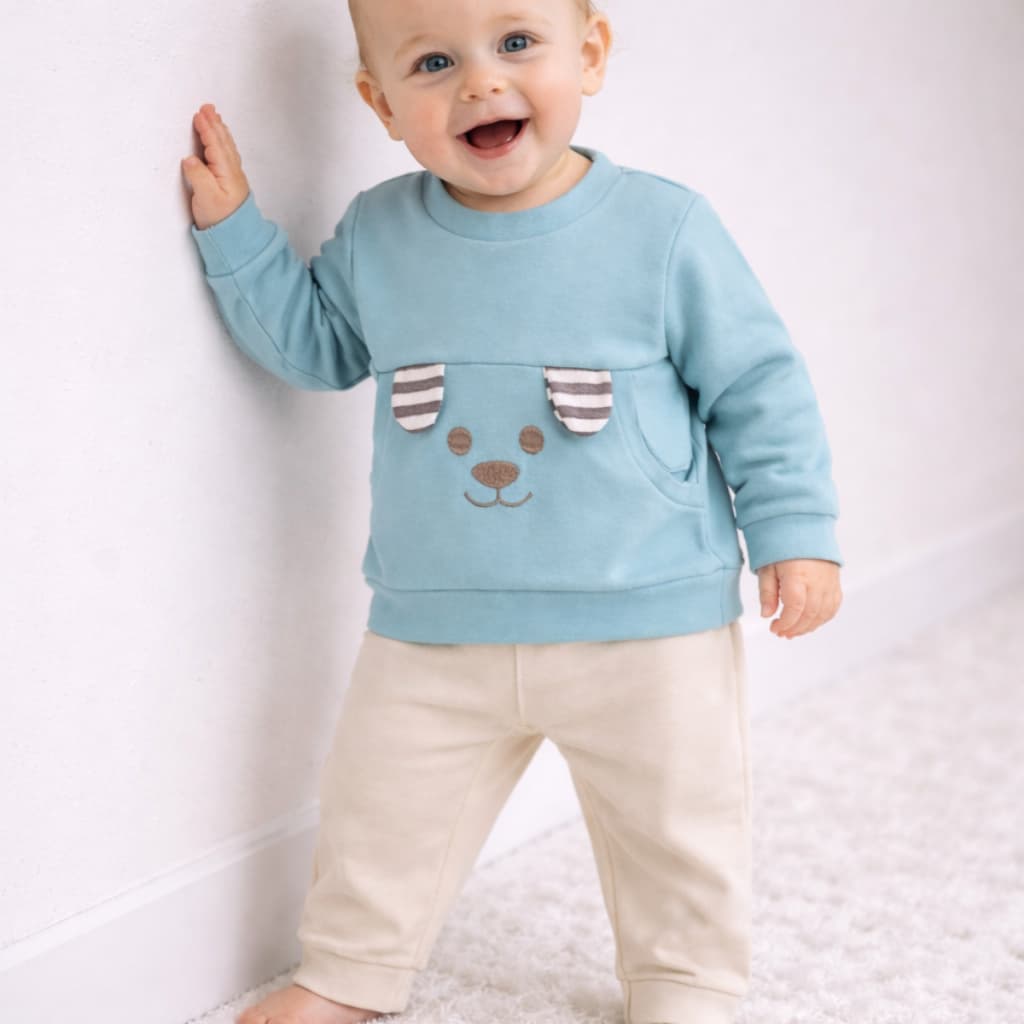 Conjunto Bebê Menino Calça Sarja + Blusa Bordada Bolso Bicho Orelha 3D