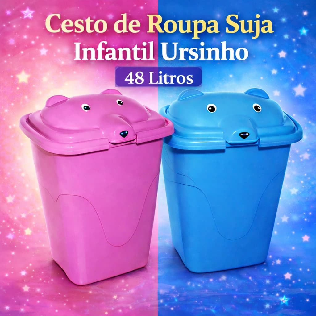 Cesto Roupas Infantil 48L Tampa Urso Organizador Lavanderia Criança Kids Grande Decorativo Premium