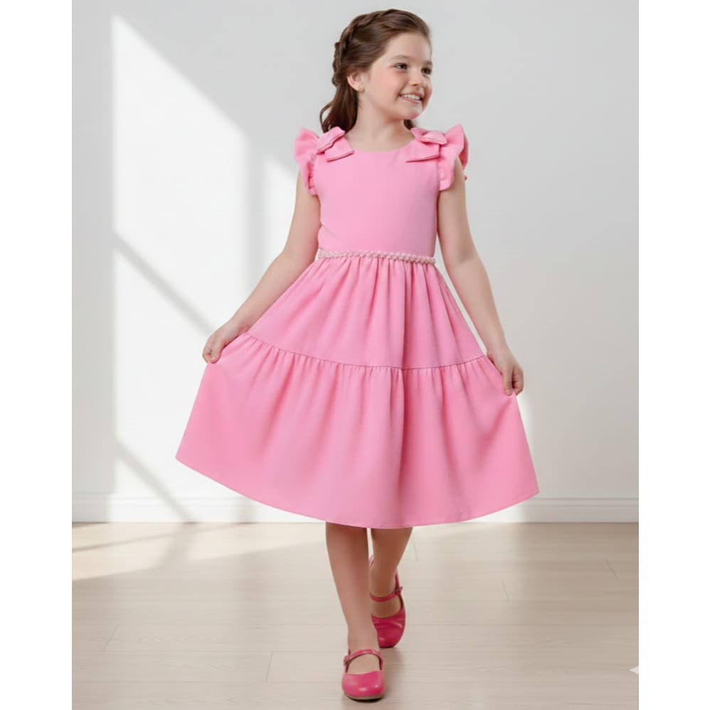 Vestido Premium Infantil Luxuoso Moda Menina Feminina Pérola Manga Detalhada Rodado Casamento Igreja