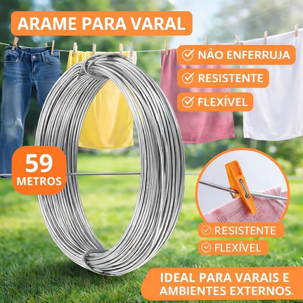Arame Para Varal de Roupas Não Enferruja Galvanizado Resistente e maleável com 59 metros