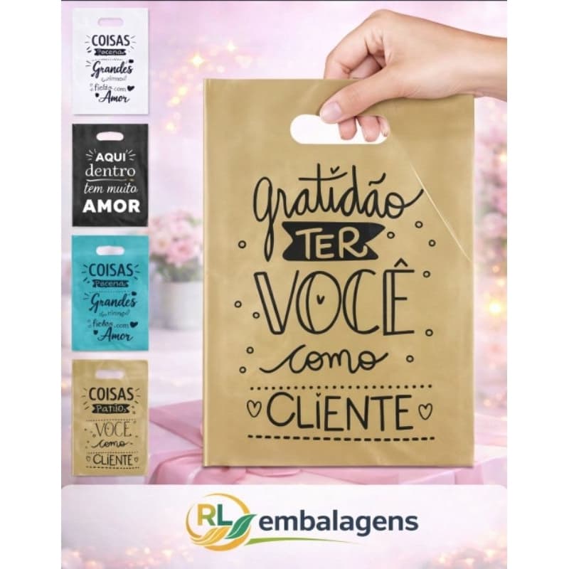 Kit 50 sacolas Personalizadas Plastico Frases Boca Vasada Palhaço 30x40 Gratidão Pacotinho com Amor