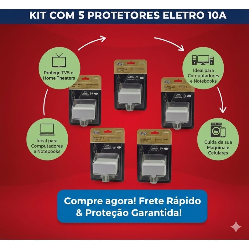 Kit 5 Unidades Protetor Eletro 10A Proteção Total Contra Raios E Surtos
