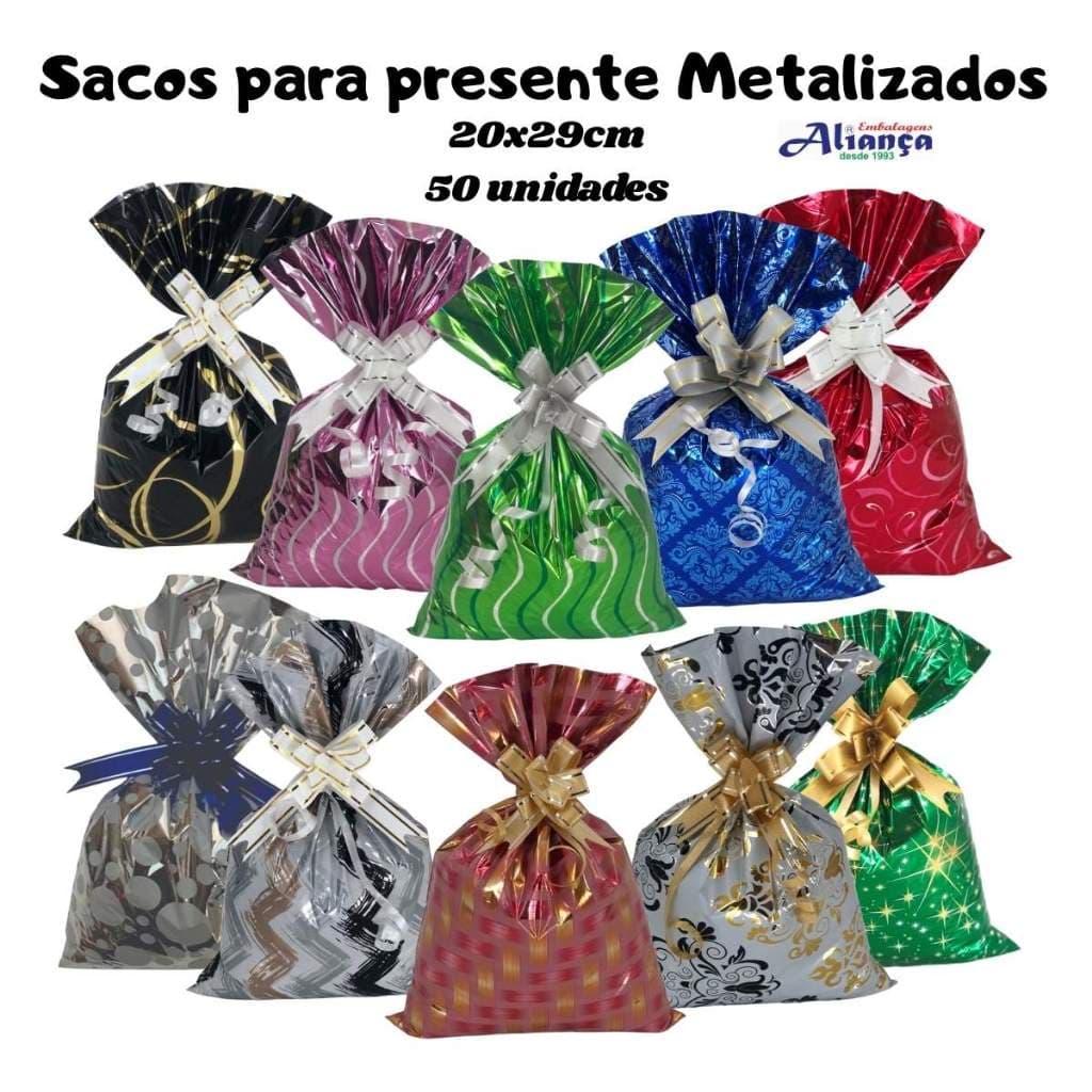 50 Sacos metalizados BOPP 20x29cm embalagem para presente