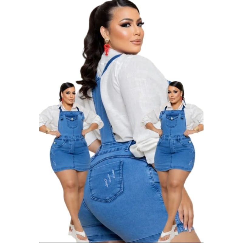 Jardineira Short Saia Plus Size Cintura Alta Azul Clara Roupas Plus Size Feminina até 56