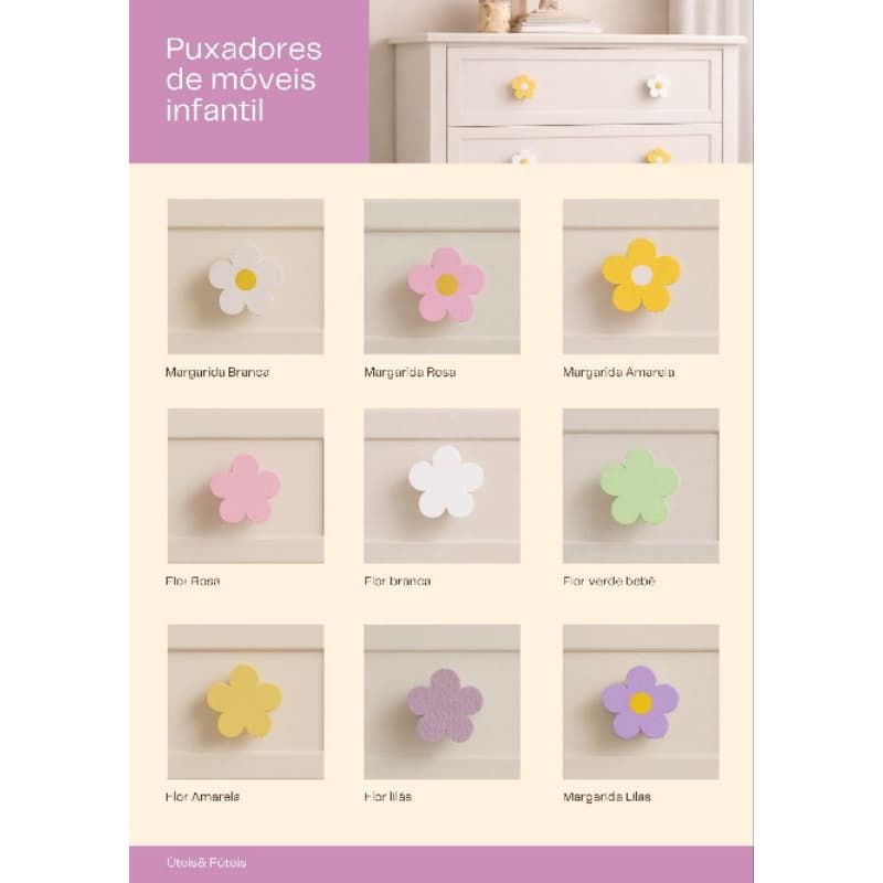 Kit Puxadores de Gaveta de Flor Infantil Cômodas e Portas Flor Infantil Margarida