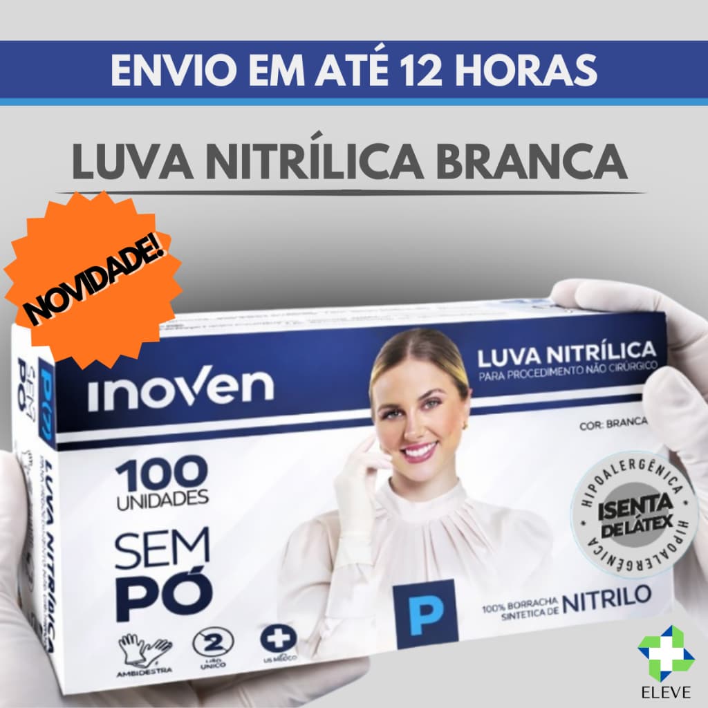 100 Luvas Nitrílica Branca Inoven Descartável Sem Pó Tamanho P M G Nitrilo Estética Salão Unha
