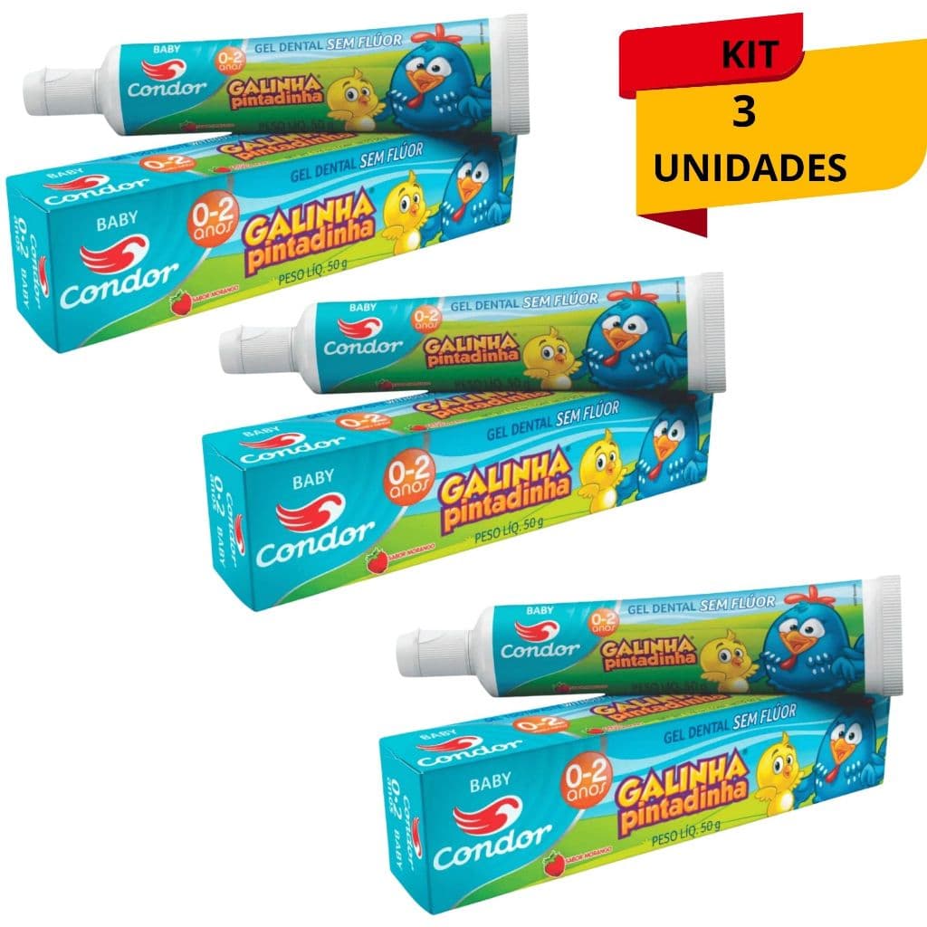 Kit Combo 03 Unidades Pasta de Dentes Baby Galinha Pintadinha Infantil Gel Dental Sem Flúor 50g Condor