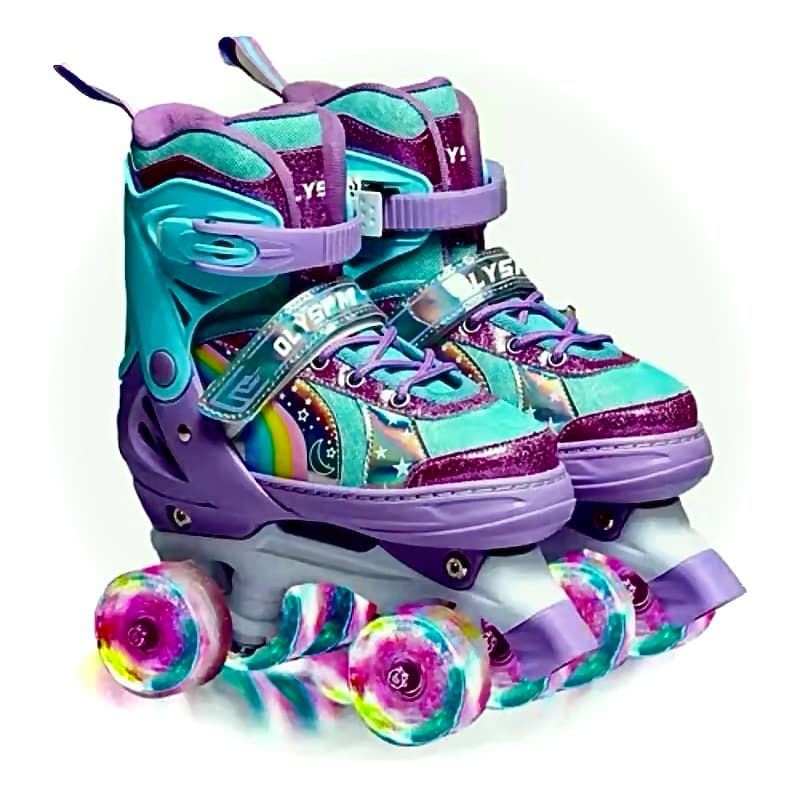 Patins Arco Íris Quatro Rodas com Led nas Rodinhas Tamanhos Ajustáveis