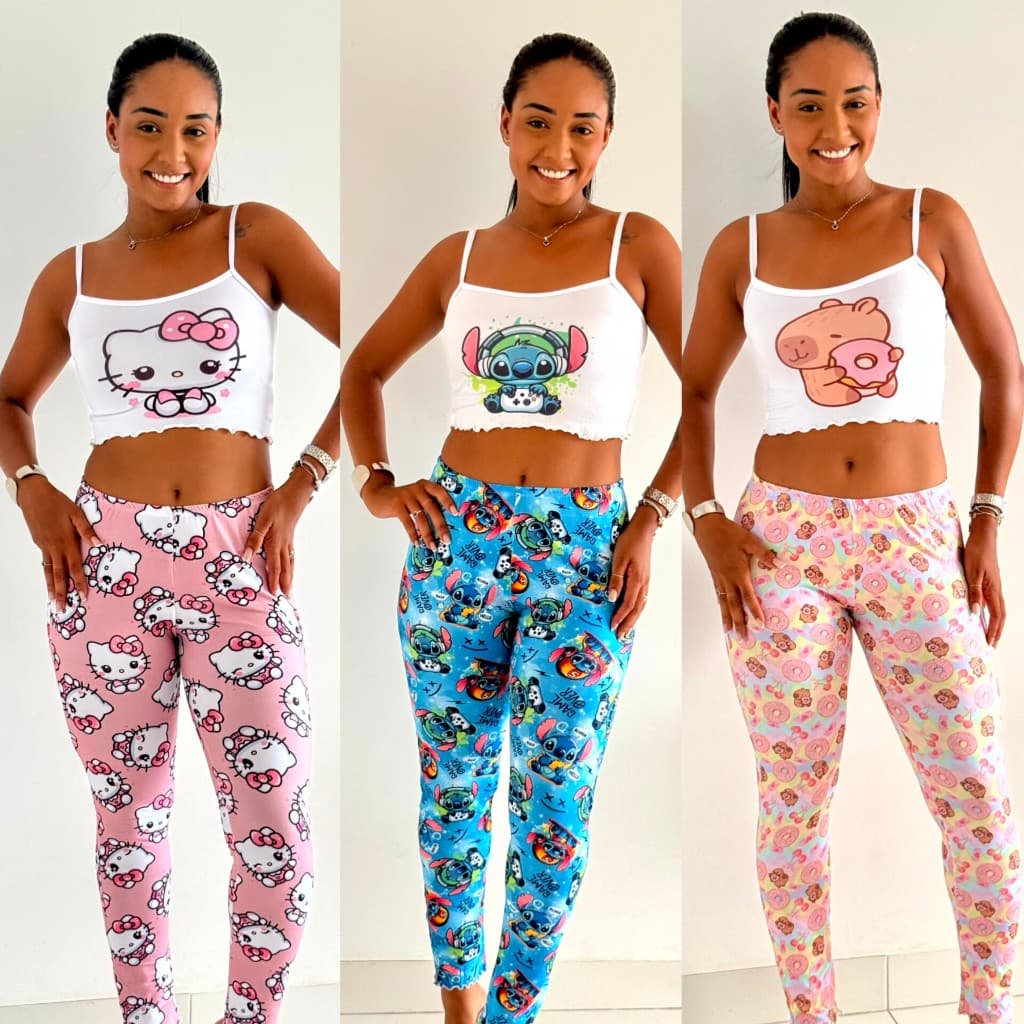 Conjunto Temático Pijama Feminino Cropped de Alcinha e Calça Longa Estampada