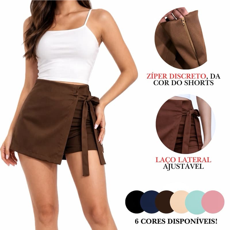 Short Saia Alfaiataria Feminino com Zíper e Laço Cintura Alta