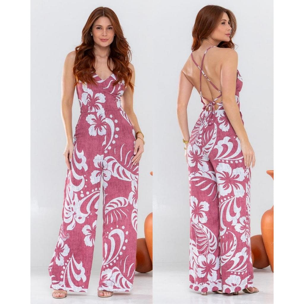 Macacão Longo Feminino Floral Casual com Bojo Forrado Alça Regulável Costas Amarração