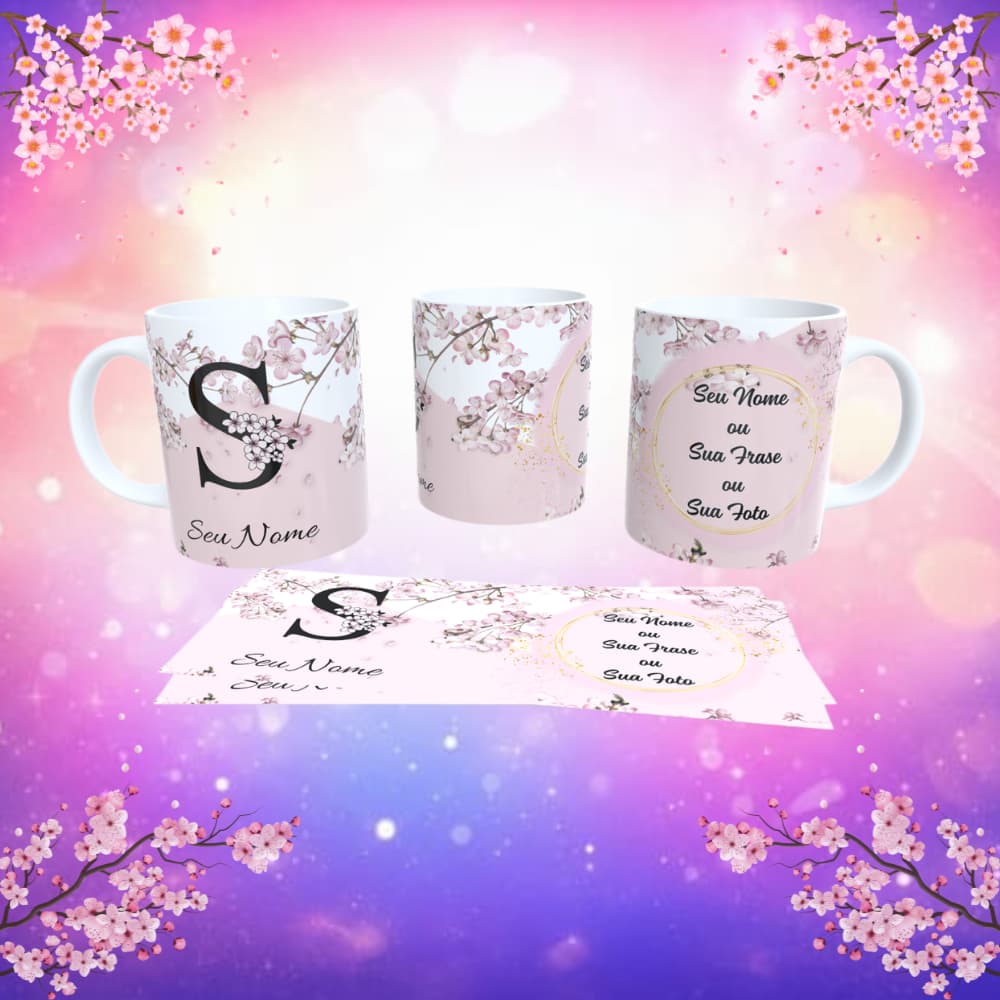 Caneca Xícara Feminina Porcelana Floral Cerejeira Personalizada Nome e Frase