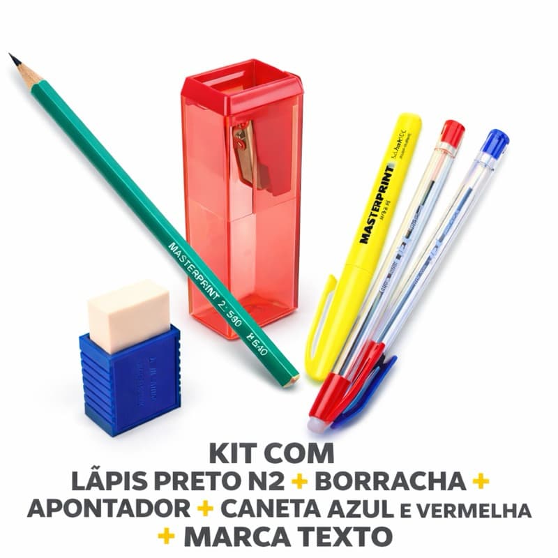 KIT ESCOLAR INDIVIDUAL LÁPIS PRETO Nº2 BORRACHA APONTADOR CANETA AZUL E VERMELHA MARCA TEXTO