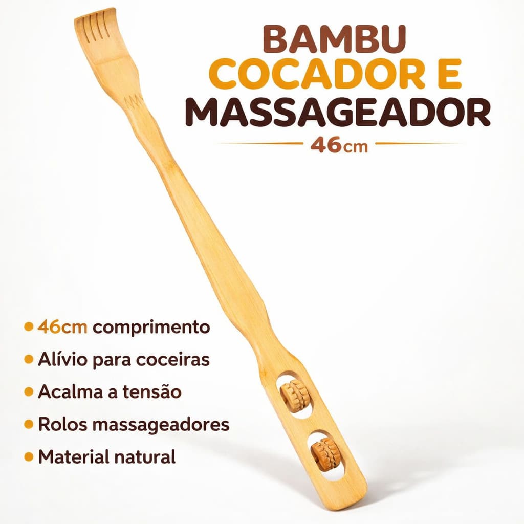 Kit Até 2 Coçador de Costas Bambu 46cm com Massageador Manual Alcance Longo Natural