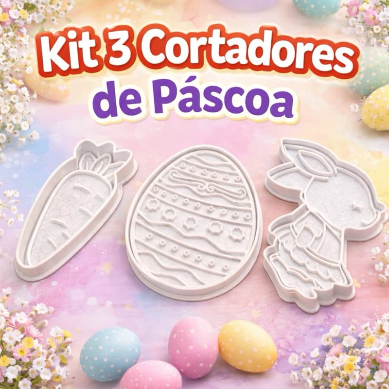 Kit 3 Cortadores de Páscoa Biscoito | Coelho Ovo Cenoura | Molde Confeitaria 3D Fondant Biscuit