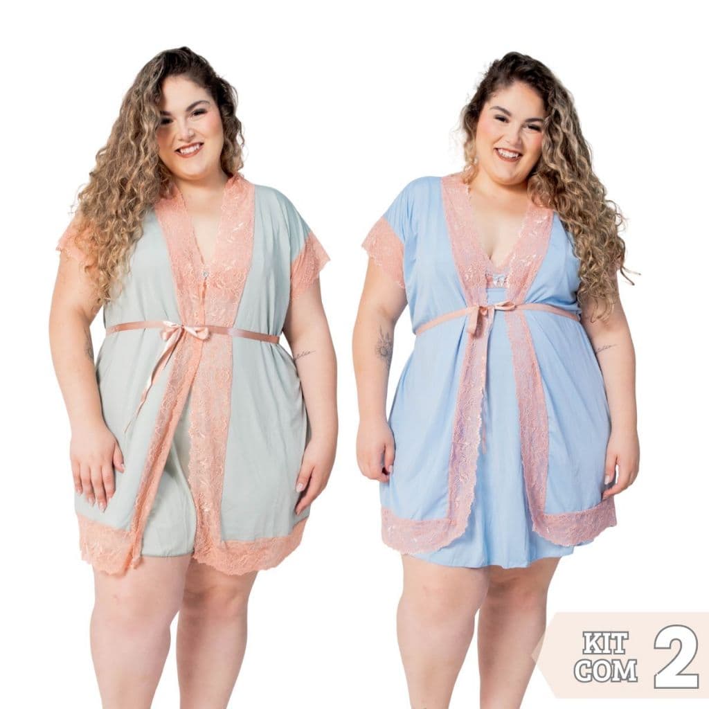 Kit Maternidade 2 Robes e 2 Camisolas Amamentação Pós Parto Plus Size Confortável Com Renda