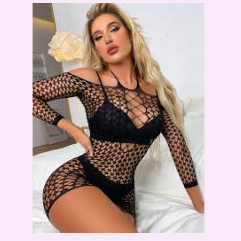 Vestido sexy arrastão com Brilho Feminino Arrastão Renda Sexy Manga longa  Sensual Pink Baby 2308