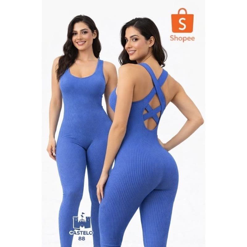 Macacão Fitness Feminino Longo Canelado Academia Modelador Sem Transparência Bojo Removível Poliamida Premium.