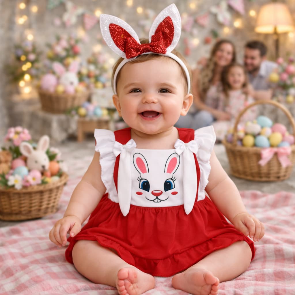 Roupinha Infantil de Páscoa para Bebê | Conjunto Coelhinho + Arquinho | 3 a 12 Meses