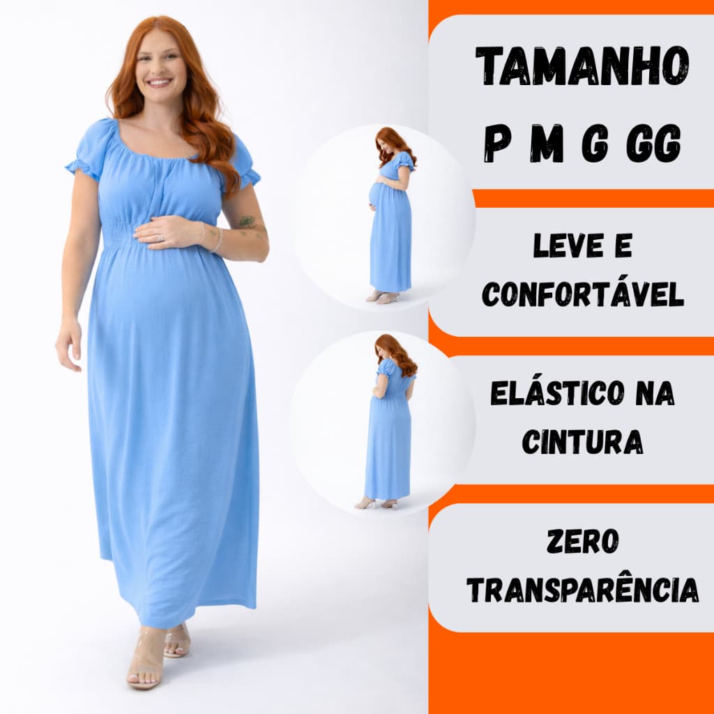 Vestido Longo Gestante Manga Curta Grávida Moda Maternidade Confortável e Elegante