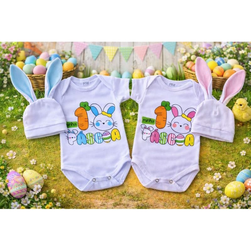 Body Bebê + Touca Páscoa/Coelho/Mesversário/Temático