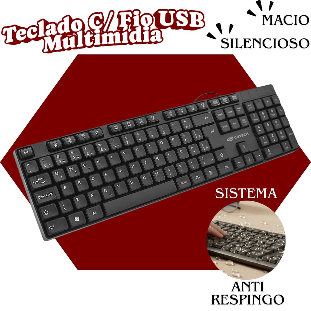 Teclado Com Fio USB - Macio, Silencioso, Durável - C3Tech KB-M10BK