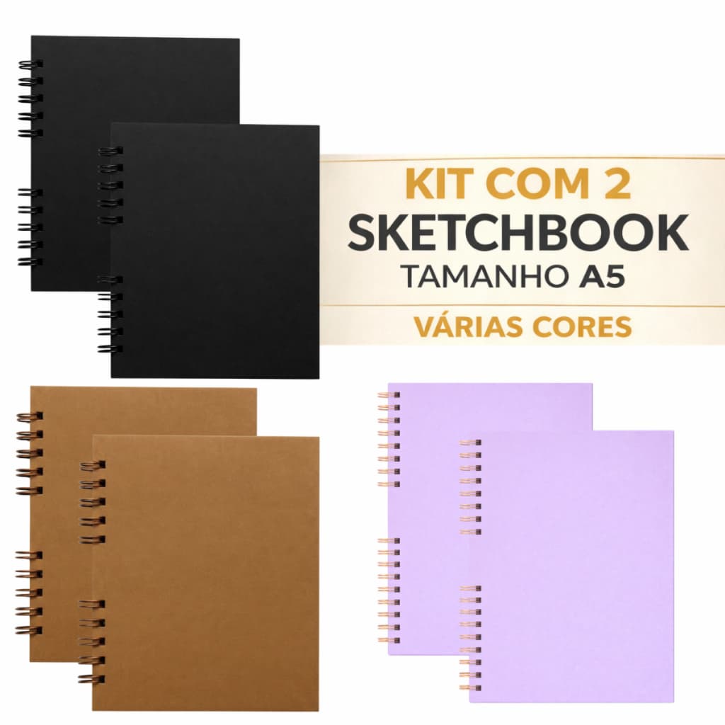 Kit com 2 Cadernos de Esboço Profissional  Papel Alta Gramatura para Arte e Desenho a Lápis Sketchbook 180 grs/m² A5