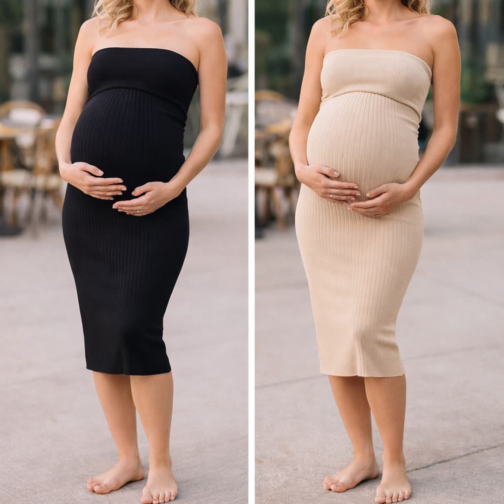 Vestido Midi Gestante Tomara Que Caia Anarruga Canelado Tubinho Justo Confortável