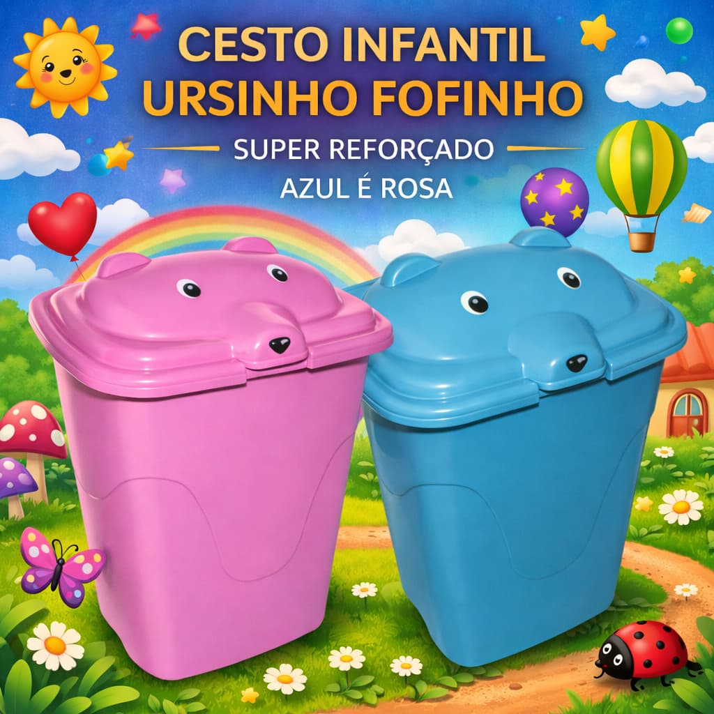 Cesto Roupa Suja Ursinho Infantil 48L com Tampa Organizador Bebê Plástico Resistente Lavanderia Azul Rosa