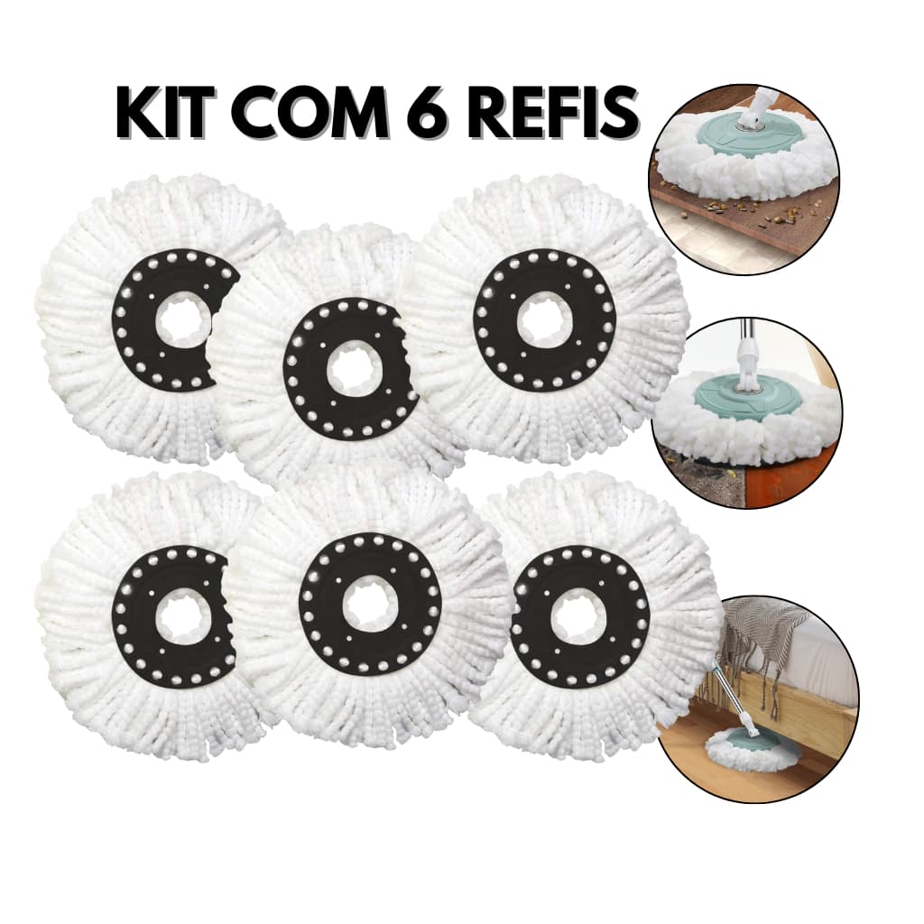 Refil Mop Giratório Kit com 6 Unidades Microfibra para Mop 12L Encaixe 16cm