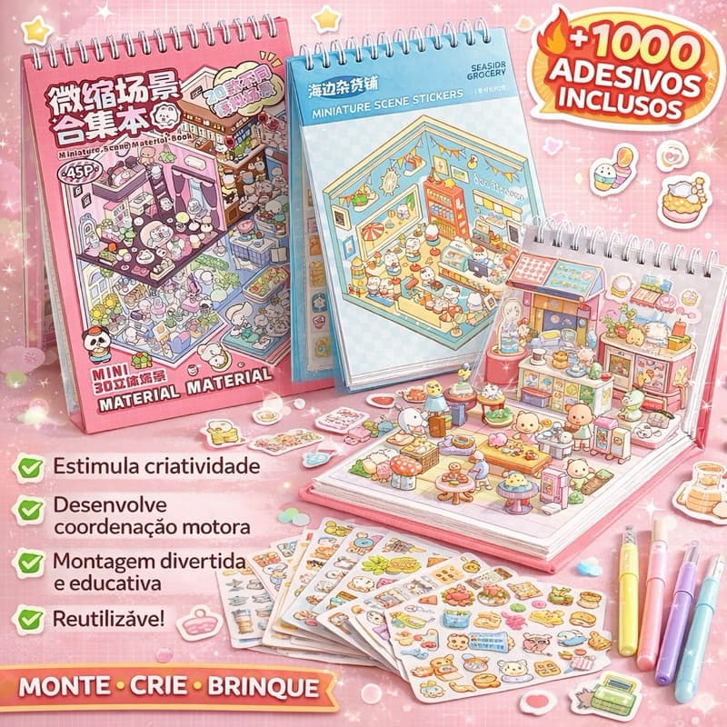 Caderno Adesivo 3D 20 Cenarios 45 paginas Criativo Scrapbook Diy Com Pinça Montar Comodos Diversos