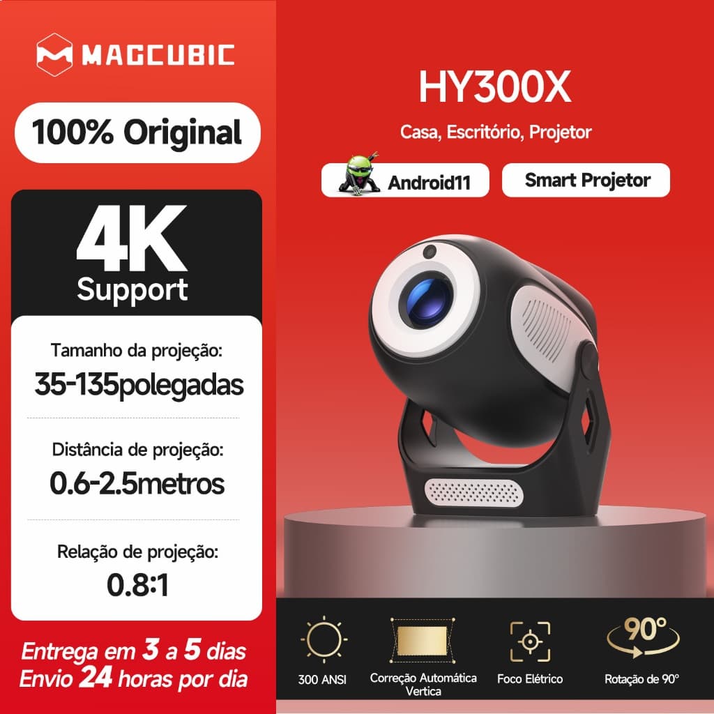 MAGCUBIC Projector HY300X 300 ANSI Electronic Focus Decodificação 4K Cinema Em Casa