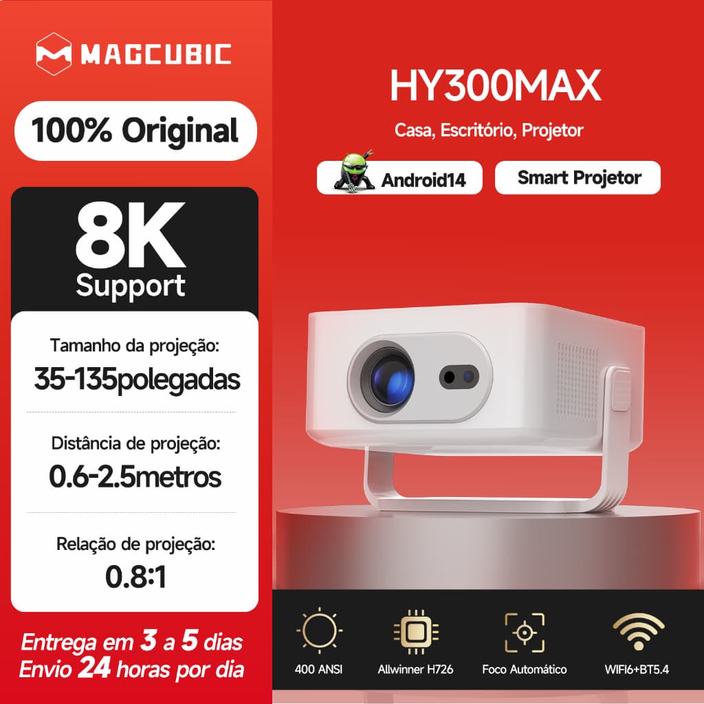 Magcubic Projetor HY300Max Smart Android 14 Foco Automático Suporte 8K 4K 400 ANSI WiFi 6 BT5.4 Portátil Cinema Original