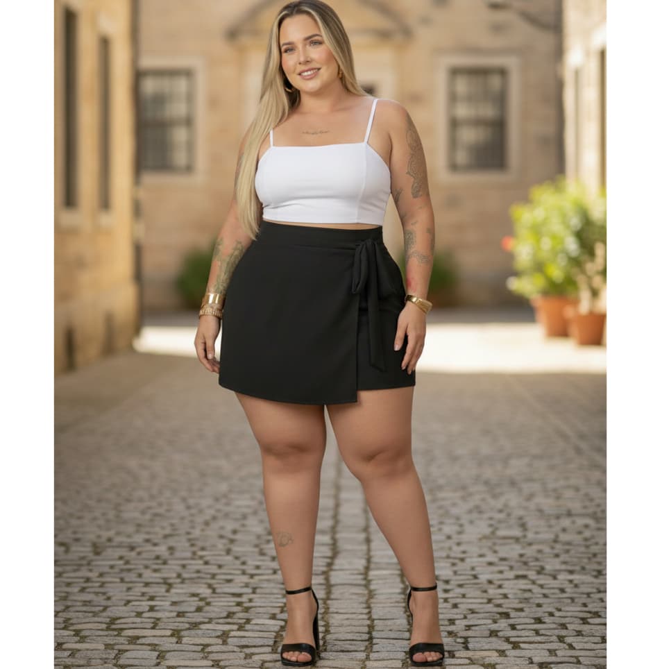 Saia Short Plus Size Feminino Cintura Alta Com ElásticoSaia Short Plus Size Feminino Cintura Alta Com Elástico Saia Shor