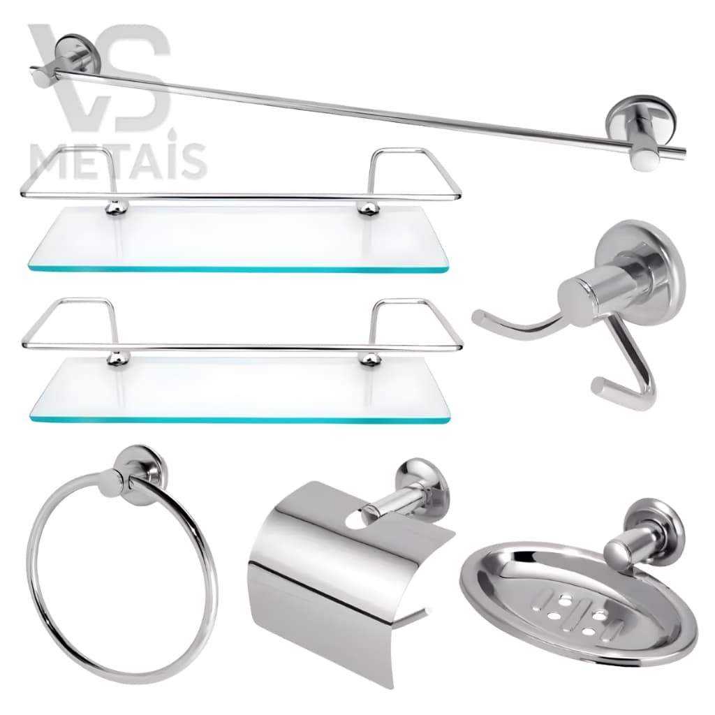 Kit Acessórios Para Banheiro Aço Inox 5 Peças + 2 Porta Shampoo Vidro Reto