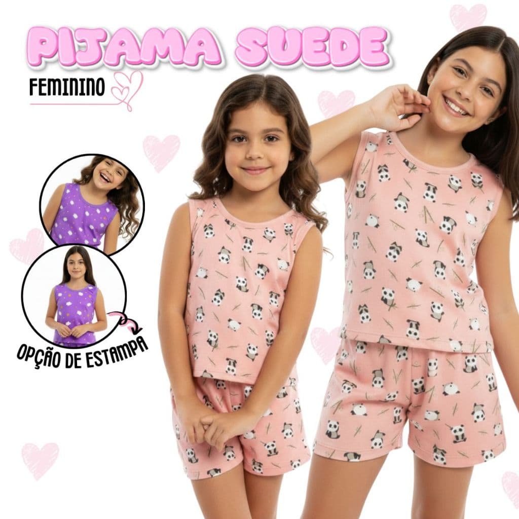 Pijama Infantil Feminino Estampado Manga Curta Regata e Short Baby Doll Fresquinho