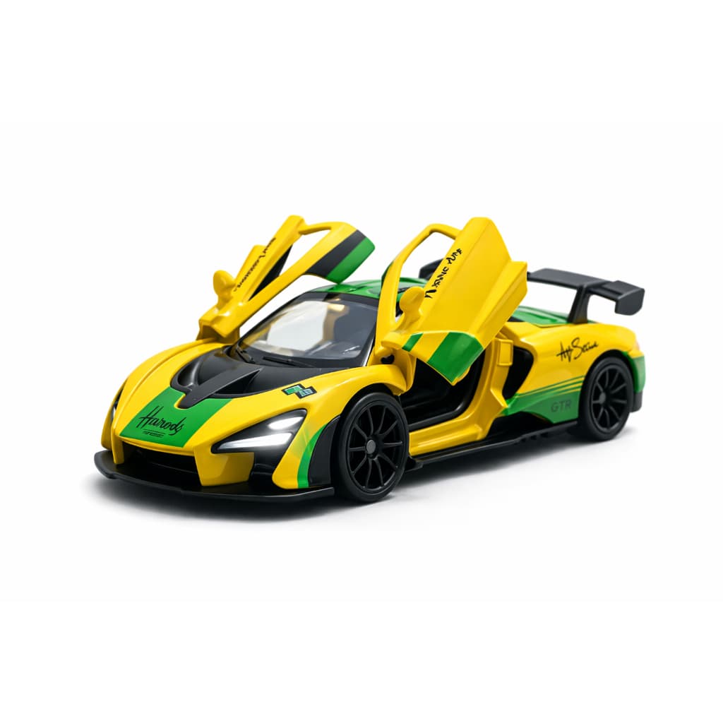 Miniatura McLaren Senna 1:32 – Carro de Metal Premium, Fricção, Abre Portas – Colecionável