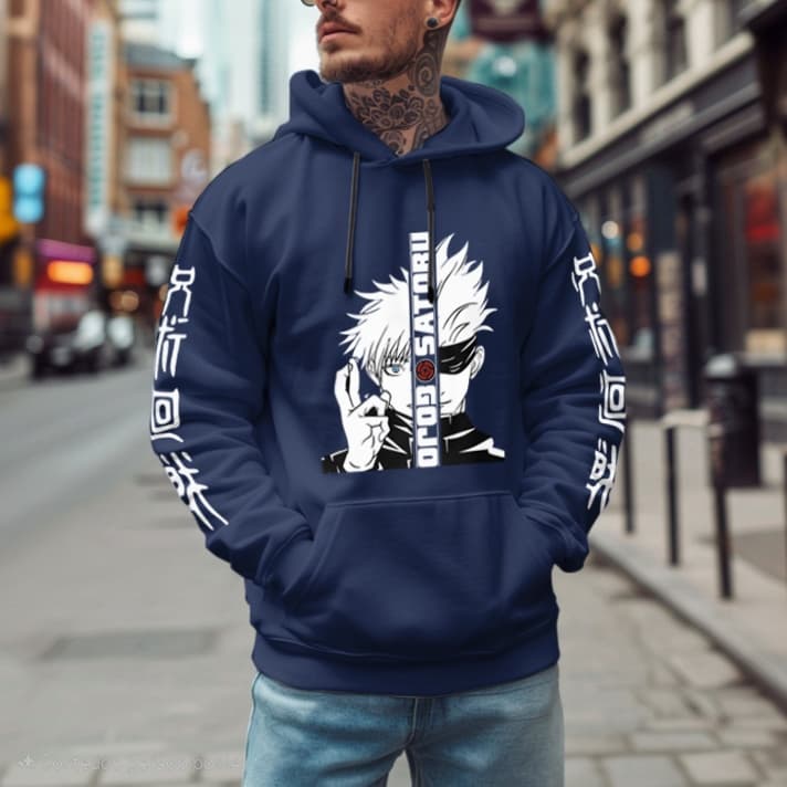 Moletom Canguru Anime Jujutsu Kai Gojo Satoru Anime Canguru Capuz e Bolso Manga Blusa de Frio Inverno