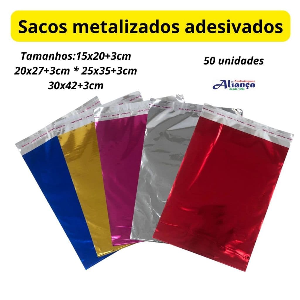 50 Sacos Metalizados Adesivados tamanhos a escolha